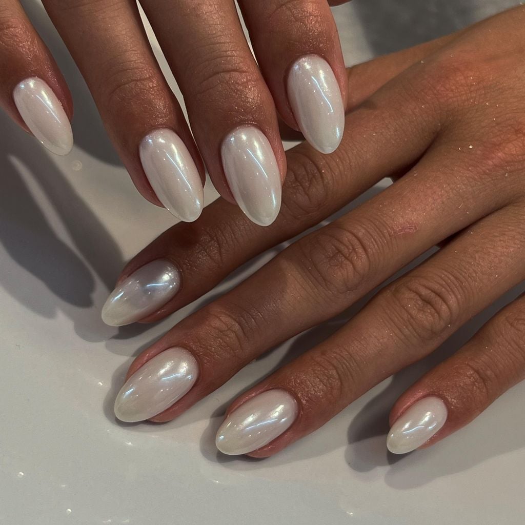 Medium Almond White Iridescent With Gold Foil 3D Flowers — Classy Pearl Nails