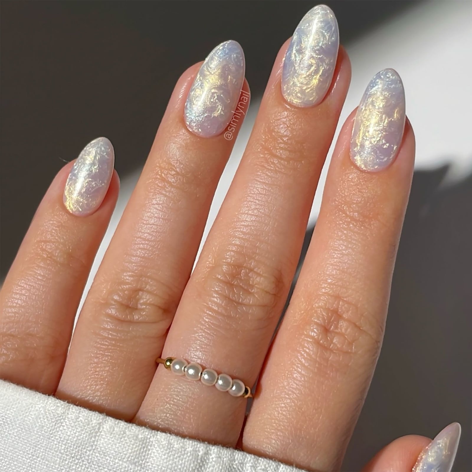 Medium Almond Milky White Iridescent With Pearls — Classy Pearl Nails
