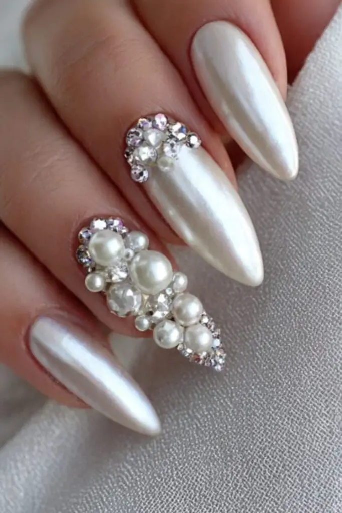 Long Stiletto Pearlescent White With 3D Pearls Rhinestones, Shimmer — Classy Pearl Nails