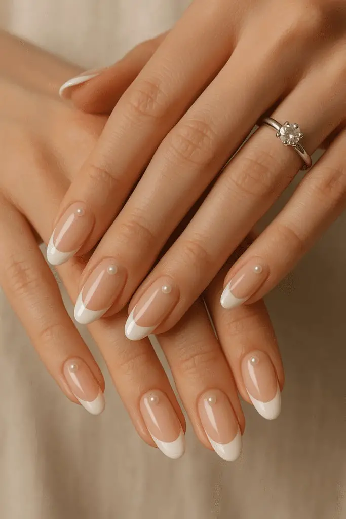 Oval French Manicure With Pearl Details — Classy Pearl Nails