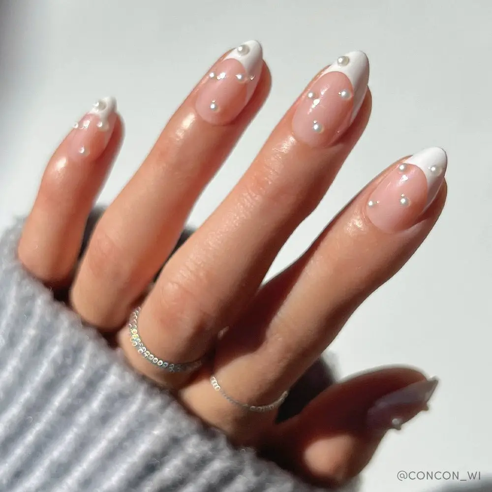 Short Almond French With Scattered Pearls — Classy Pearl Nails