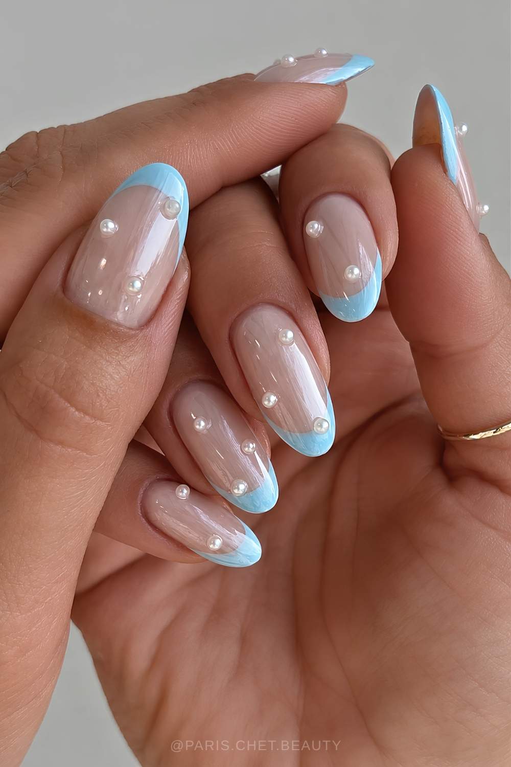 Oval Light Blue French With Scattered Pearls — Classy Pearl Nails