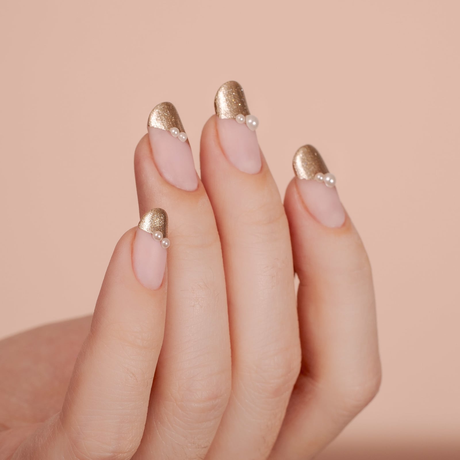 Square Gold French With Embedded Pearls — Classy Pearl Nails
