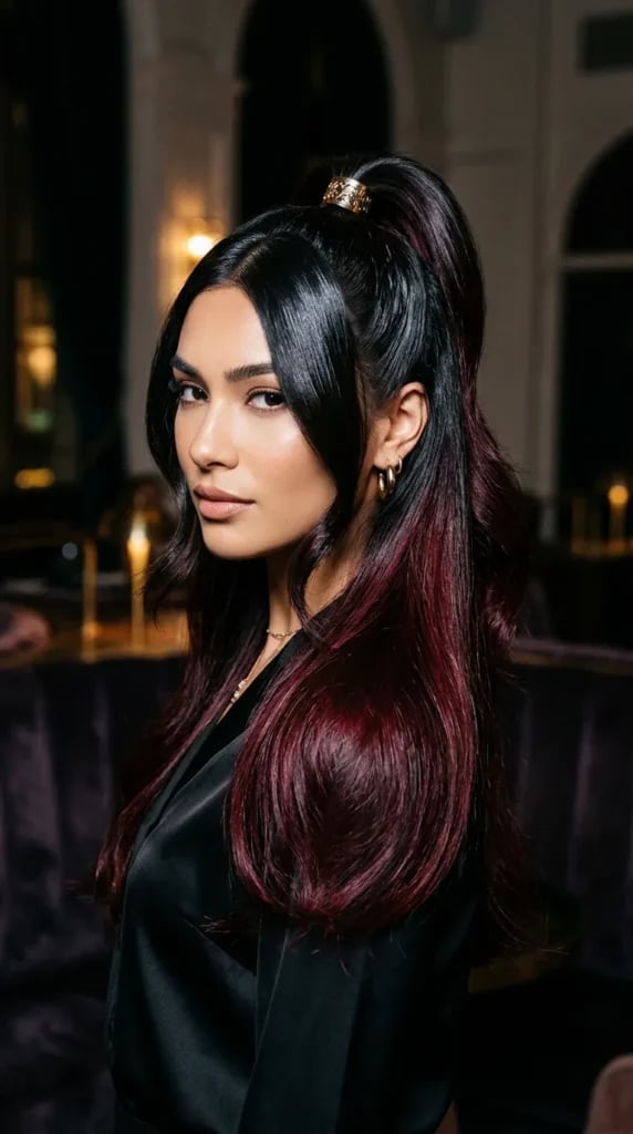 Mid-Back Layers With Deep Red Peekaboo Highlights Mid-Back Layers With Deep Red Peekaboo Highlights — Classy Peekaboo Hair