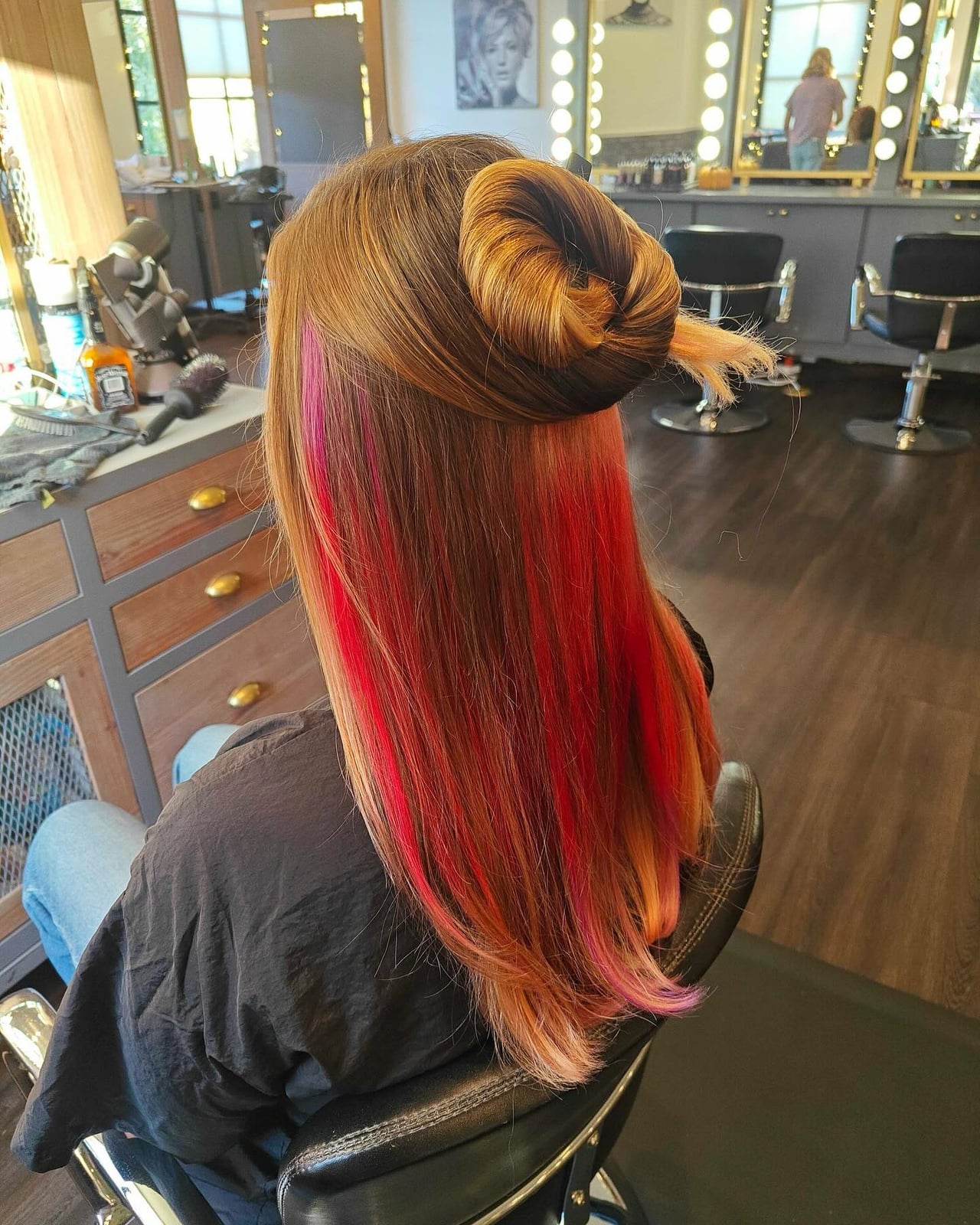 Mid-Back Brown With Pink and Red Peekaboo Mid-Back Brown With Pink and Red Peekaboo — Classy Peekaboo Hair