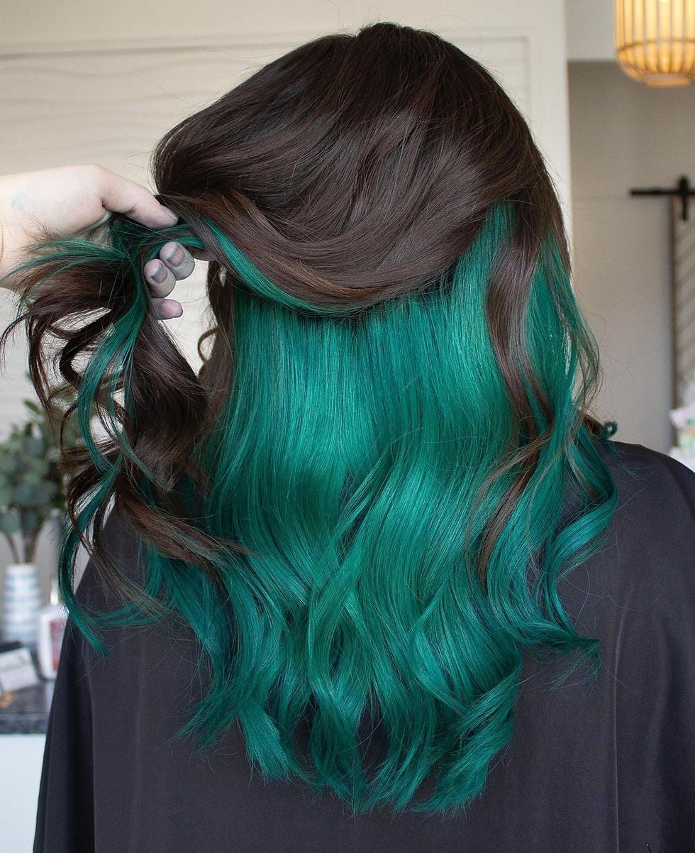 Mid-Back Dark Brown With Bright Teal Peekaboo Mid-Back Dark Brown With Bright Teal Peekaboo — Classy Peekaboo Hair