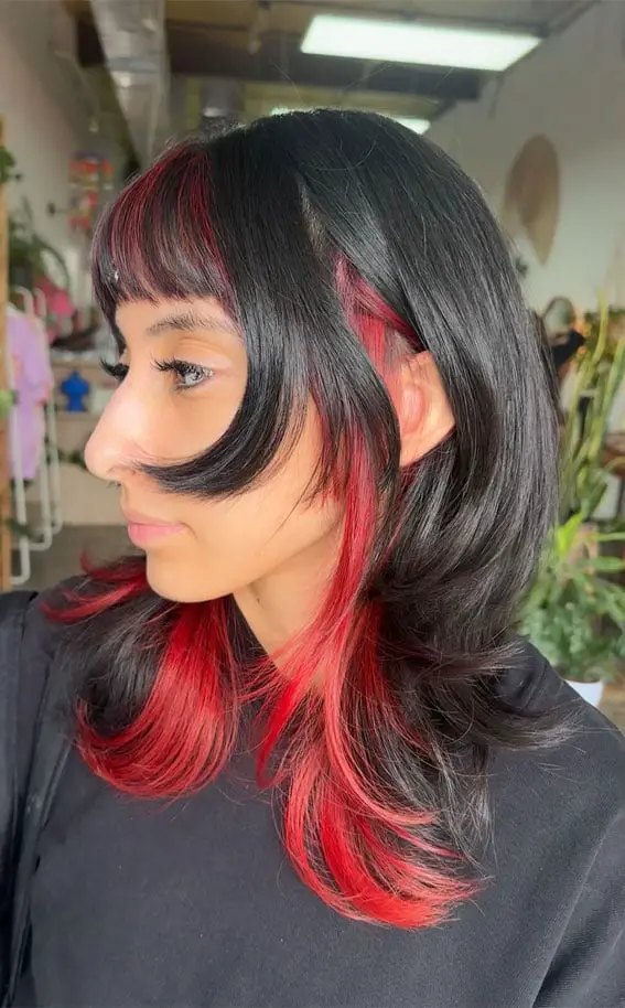 Shoulder Shag With Bright Red Peekaboo Pieces Shoulder Shag With Bright Red Peekaboo Pieces — Classy Peekaboo Hair