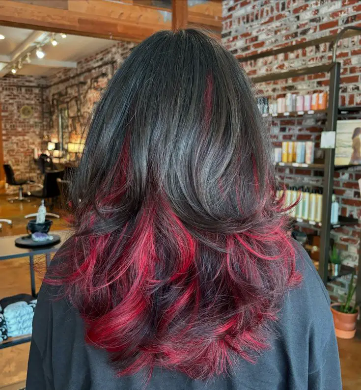 Collarbone Layered Dark Brown With Red Underlayer Collarbone Layered Dark Brown With Red Underlayer — Classy Peekaboo Hair