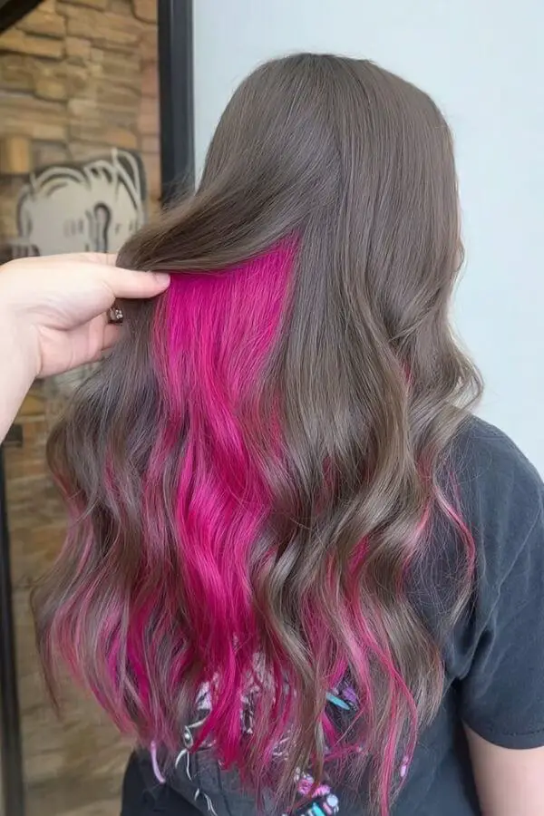 Mid-Back Medium Brown With Bright Pink Peekaboo Mid-Back Medium Brown With Bright Pink Peekaboo — Classy Peekaboo Hair
