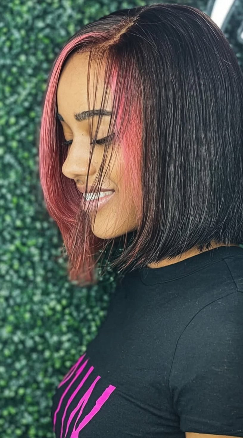 Chin Bob With Side-Swept Bangs and Pink Peekaboo Chin Bob With Side-Swept Bangs and Pink Peekaboo — Classy Peekaboo Hair