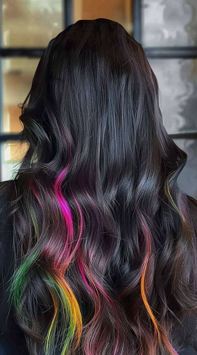 Mid-Back Dark Brown With Vibrant Rainbow Peekaboo Mid-Back Dark Brown With Vibrant Rainbow Peekaboo — Classy Peekaboo Hair