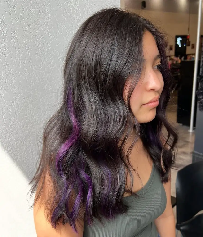 Dark Brown Mid-Back Layers With Purple Underlayer, Wavy — Classy Peekaboo Hair Color