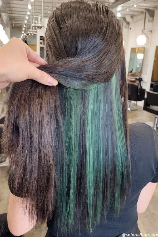 Dark Brown Mid-Back Layers With Green Peekaboo — Classy Peekaboo Hair Color
