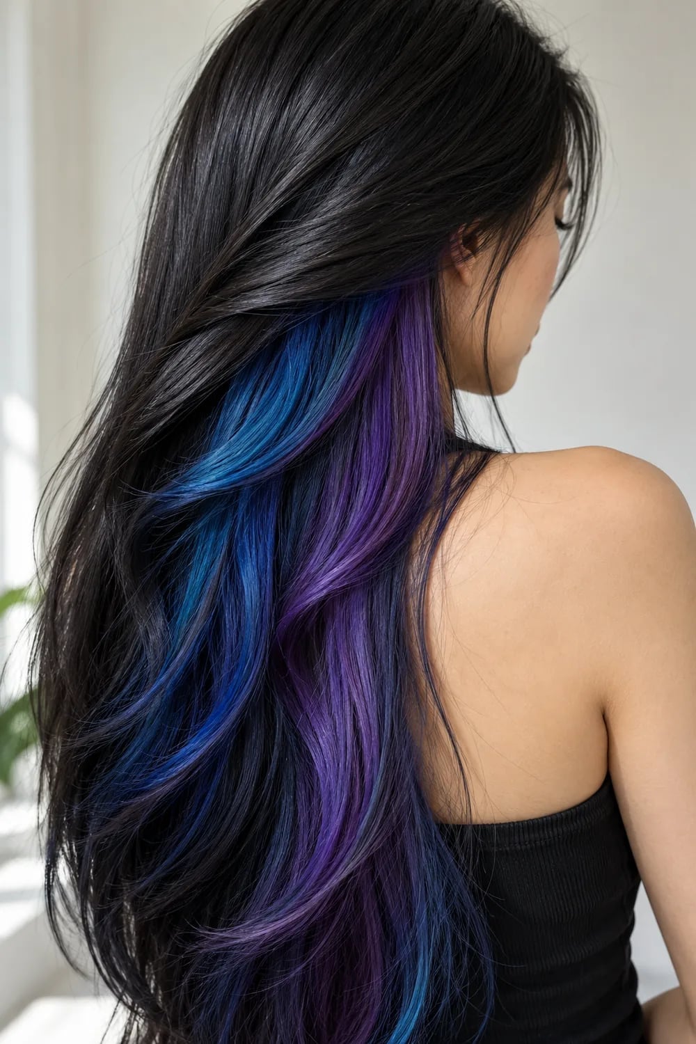 Dark Mid-Back Waves With Blue And Purple Peekaboo — Classy Peekaboo Hair Color