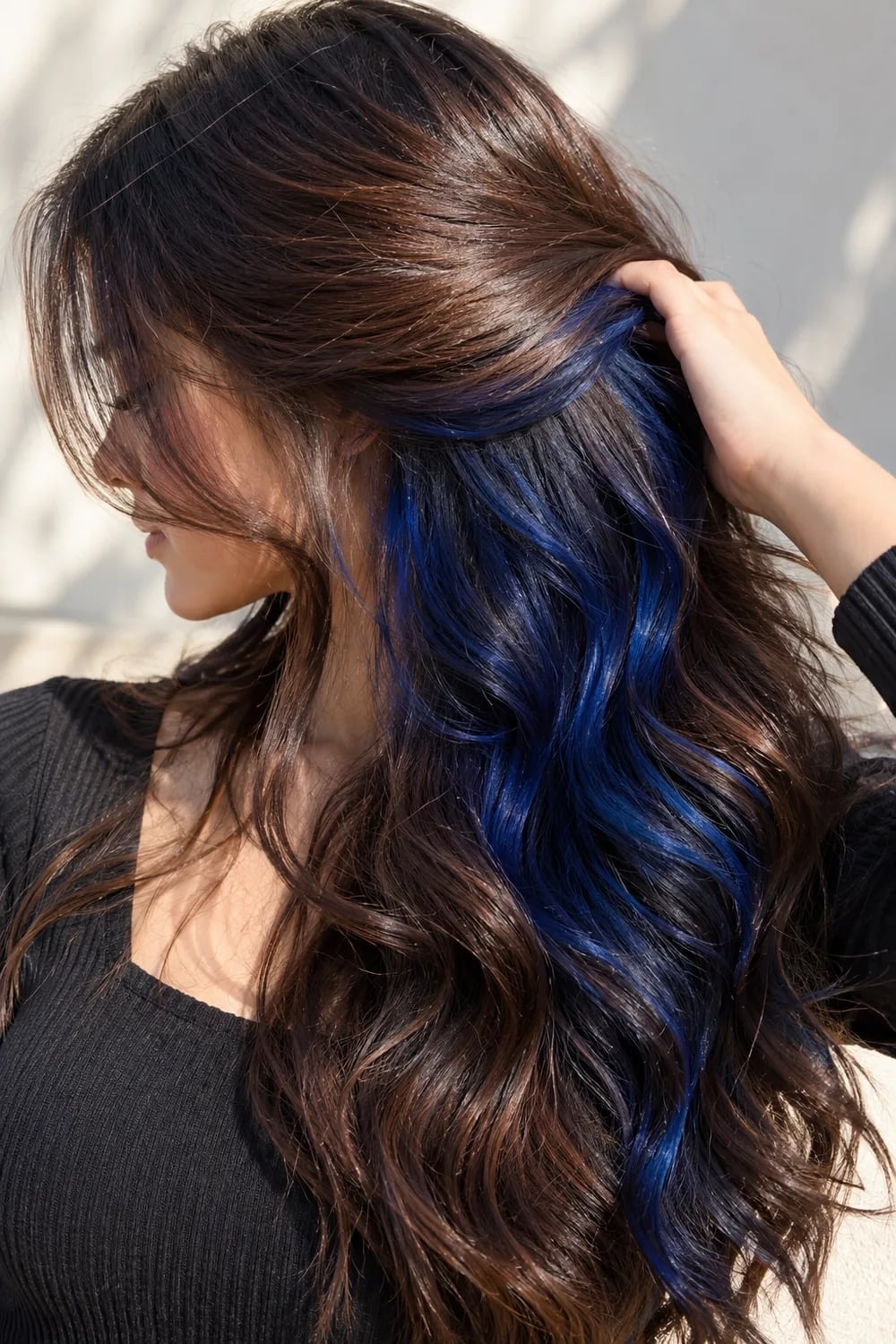 Dark Mid-Back Waves With Blue And Purple Peekaboo, Close-Up Take — Classy Peekaboo Hair Color