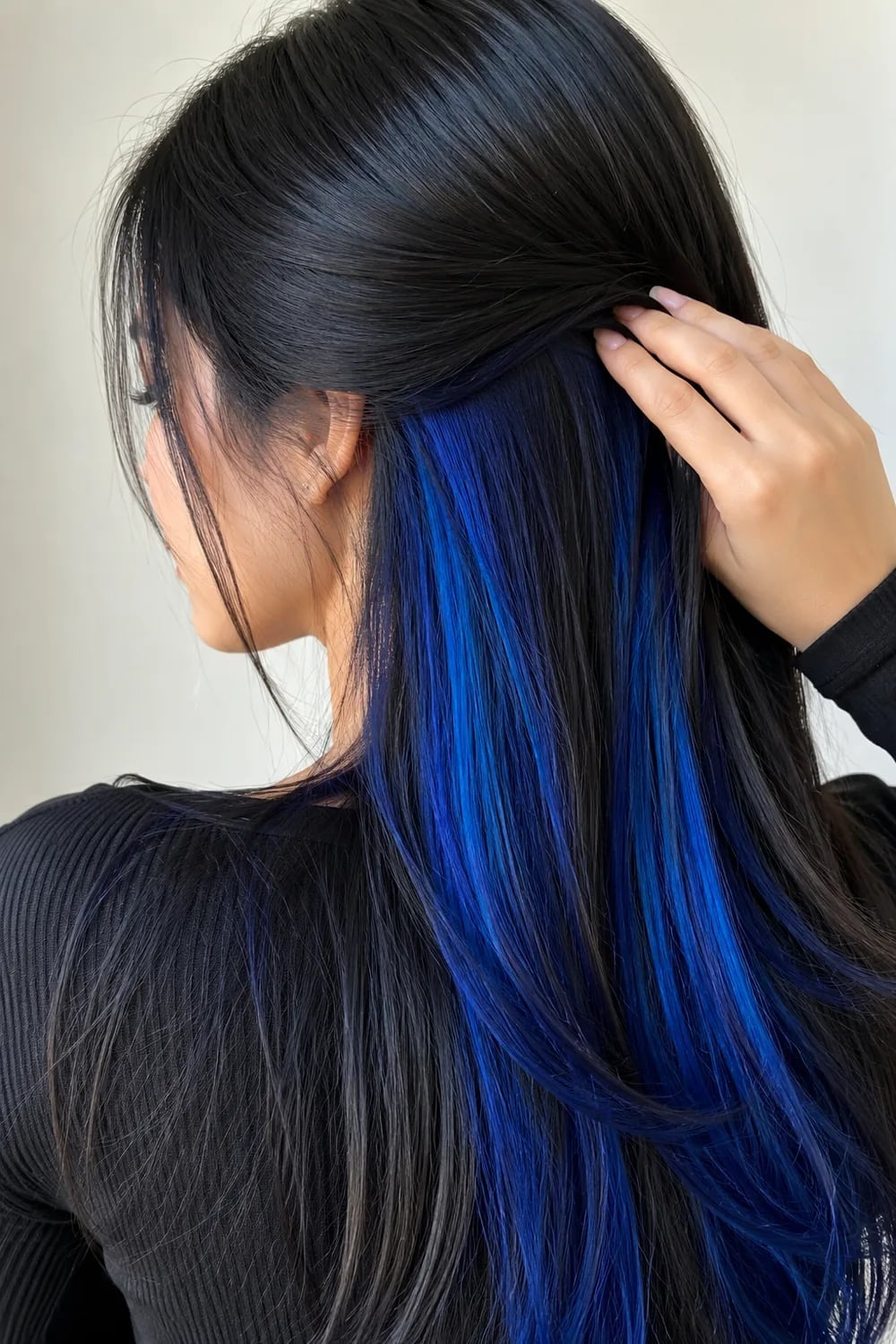 Dark Mid-Back Waves With Electric Blue Peekaboo, Everyday Version — Classy Peekaboo Hair Color