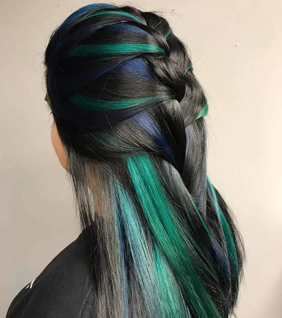 Black Mid-Back Braids With Blue And Green Peekaboo — Classy Peekaboo Hair Color