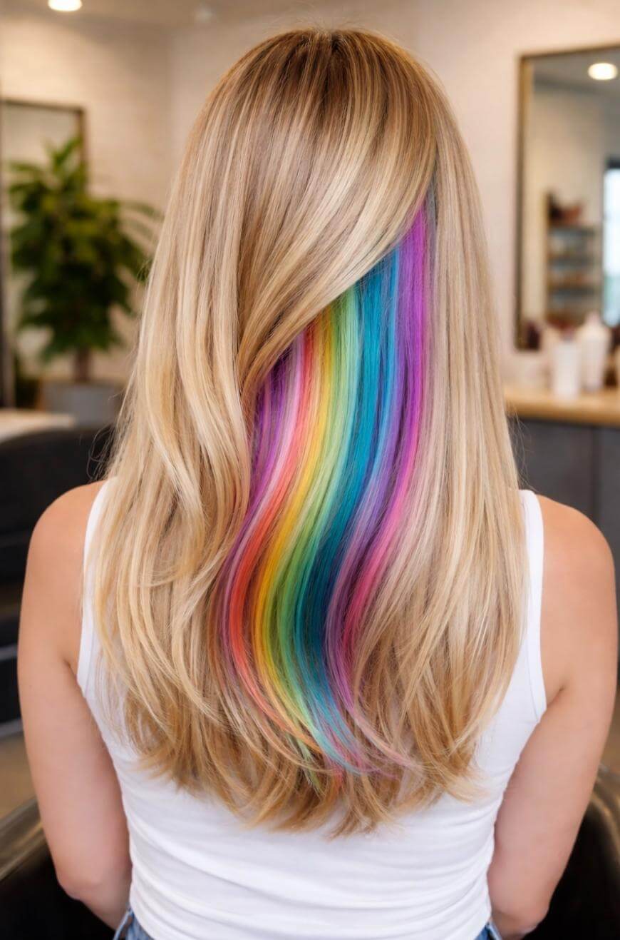 Blonde Mid-Back Waves With Rainbow Peekaboo — Classy Peekaboo Hair Color