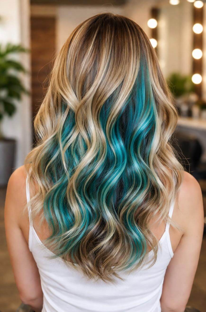 Blonde Mid-Back Waves With Teal Peekaboo, Wavy — Classy Peekaboo Hair Color