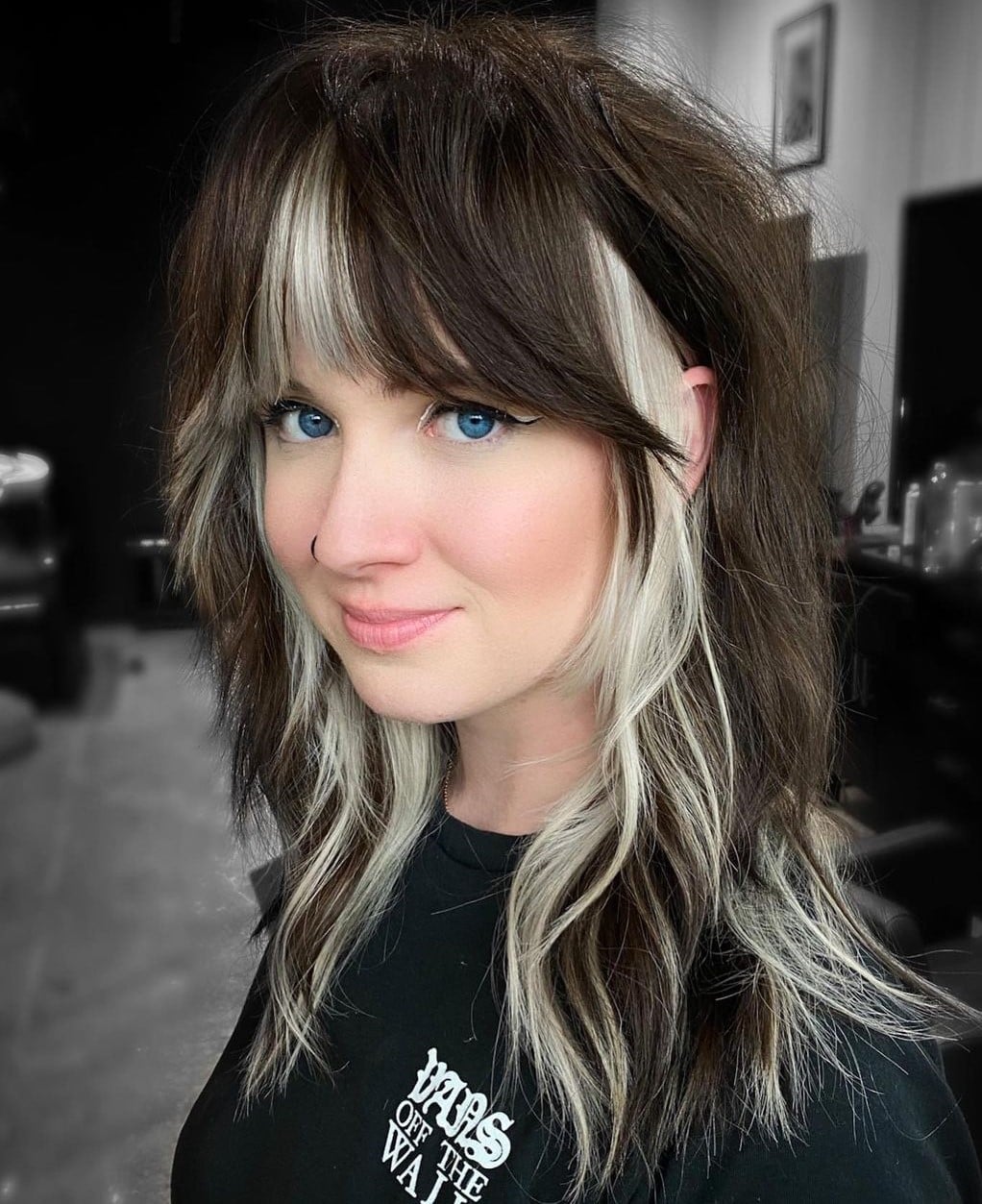 Dark Brown Shag With Platinum Blonde Face-Framing Highlights — Classy Peekaboo Hair Color