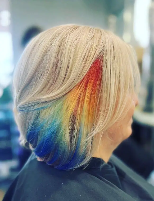 Blonde Chin Bob With Rainbow Peekaboo Ends — Classy Peekaboo Hair Color
