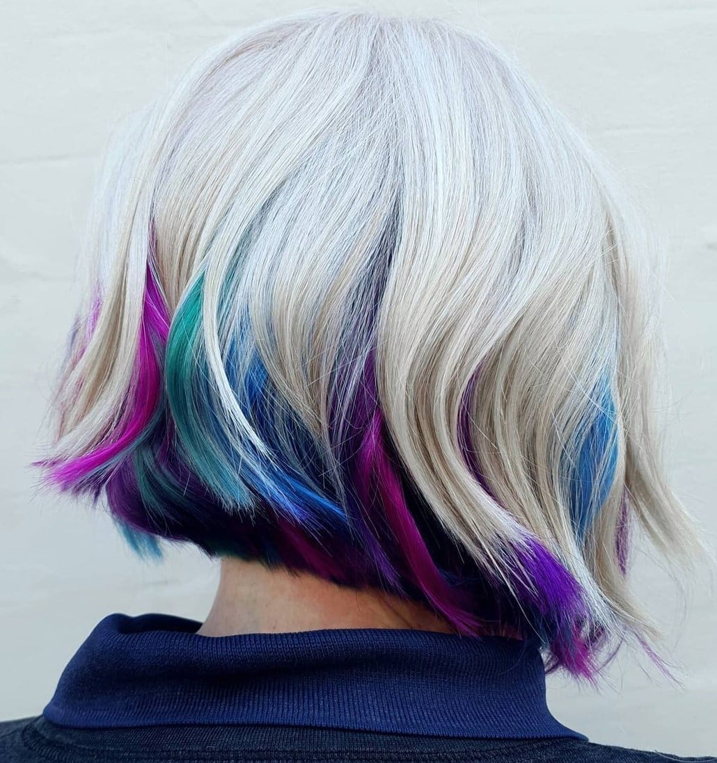 Platinum Blonde Bob With Multi-Color Peekaboo, Chin — Classy Peekaboo Hair Color