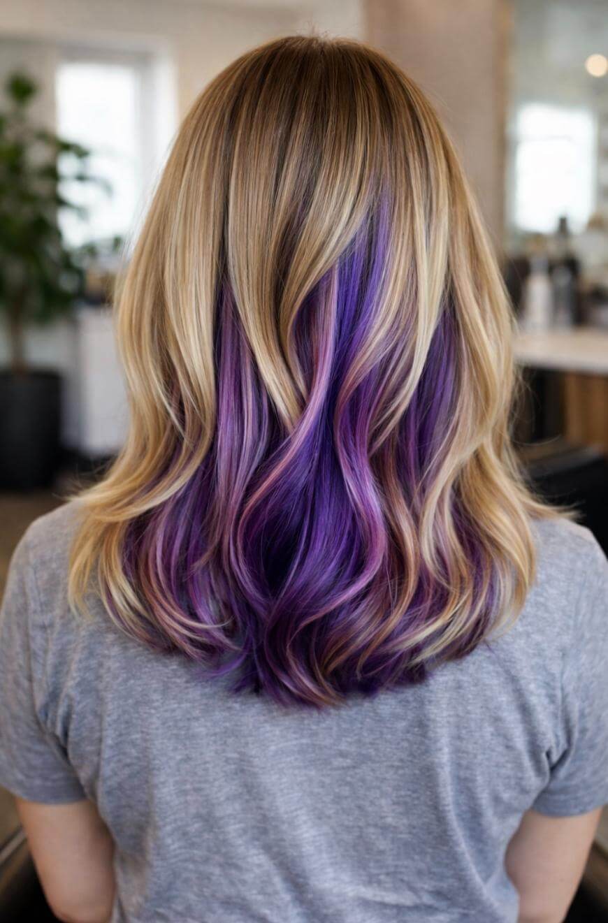 Blonde Collarbone Layers With Purple Peekaboo — Classy Peekaboo Hair Color