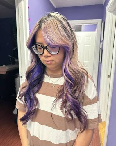 Light Brown Mid-Back Layers With Purple And Pink Peekaboo — Classy Peekaboo Hair Color