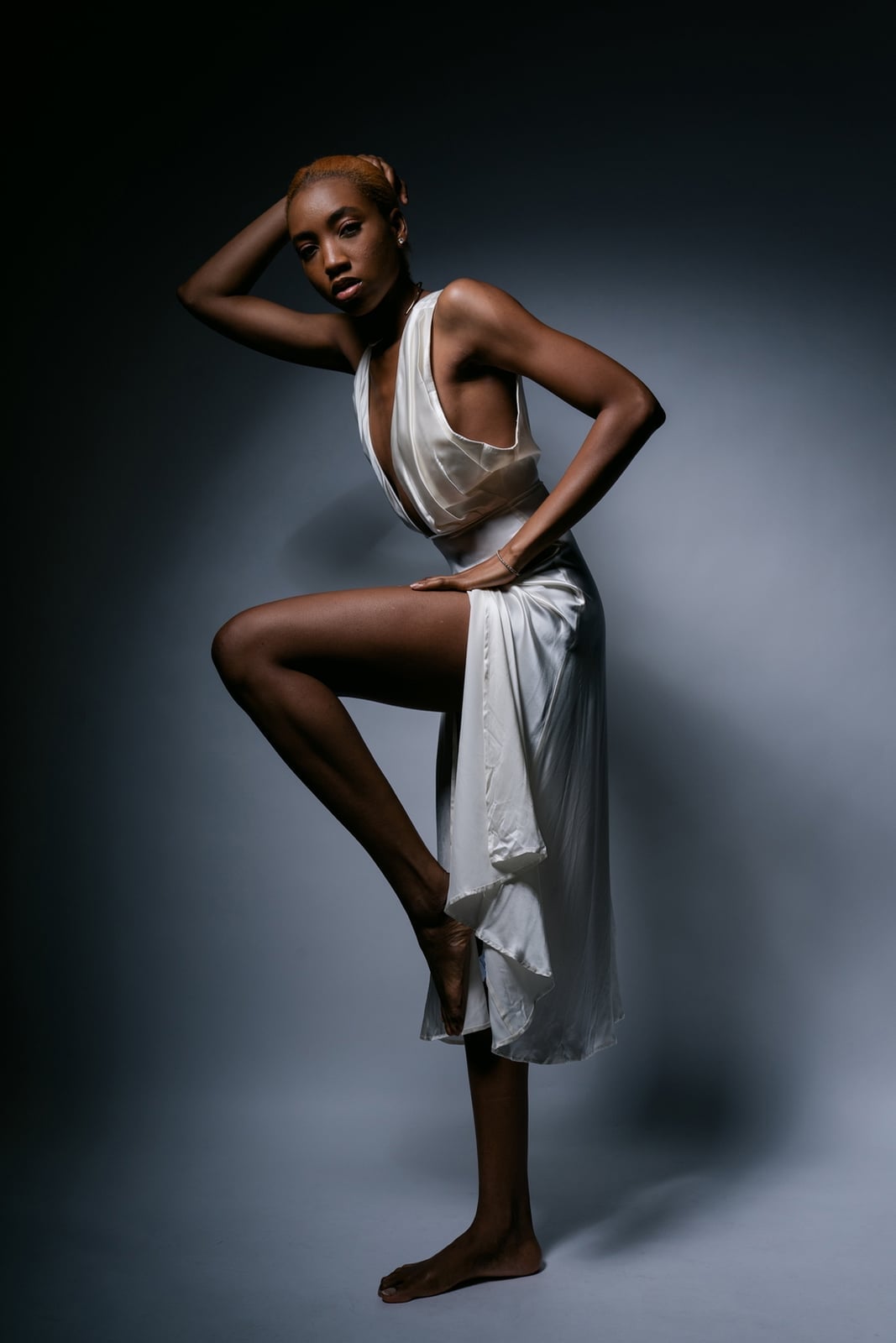 Ivory Draped Silk Dress with Asymmetrical Silhouette Ivory Draped Silk Dress with Asymmetrical Silhouette — Classy Photoshoot Dress