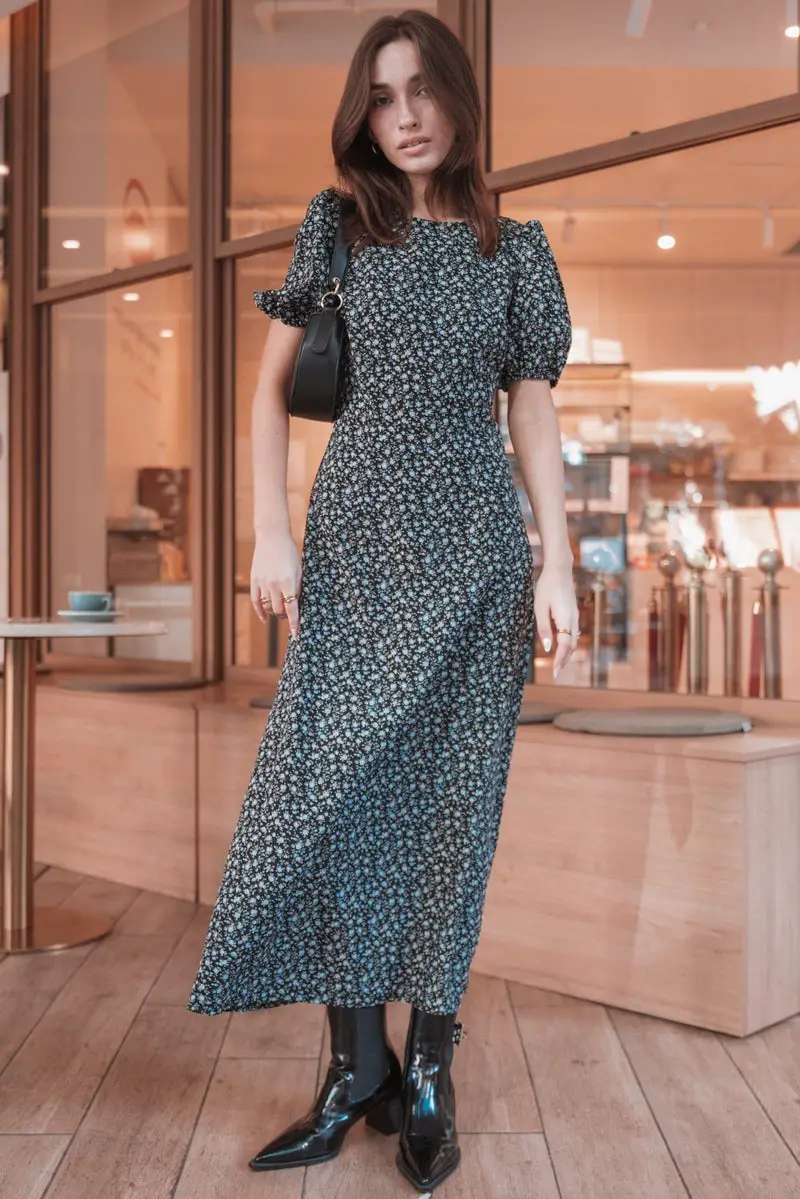 Dark Floral Print A-Line Dress with Puff Sleeves Dark Floral Print A-Line Dress with Puff Sleeves — Classy Photoshoot Dress