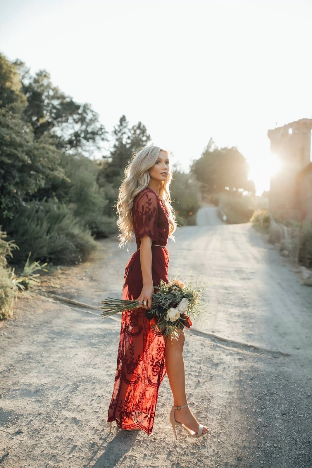 Red Lace Maxi Dress with Sheer Sleeves Red Lace Maxi Dress with Sheer Sleeves — Classy Photoshoot Dress
