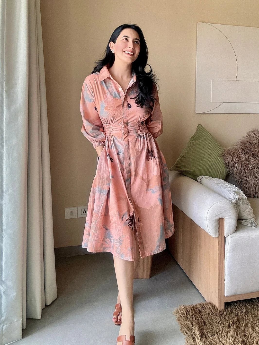 Peach Floral Print Shirt Dress with Cinched Waist Peach Floral Print Shirt Dress with Cinched Waist — Classy Photoshoot Dress