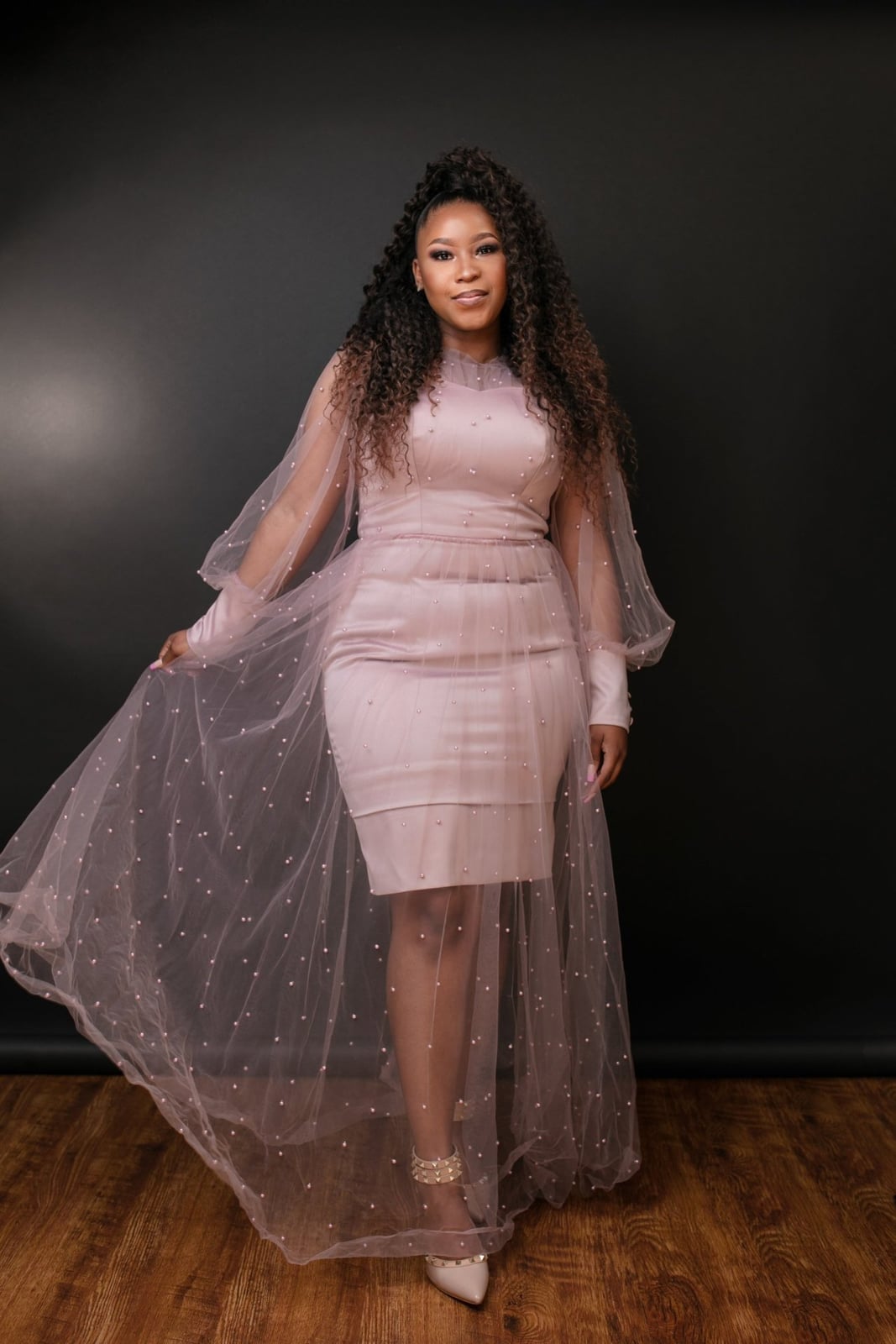 Blush Pink Fitted Dress with Pearl Embellished Overlay Blush Pink Fitted Dress with Pearl Embellished Overlay — Classy Photoshoot Dress