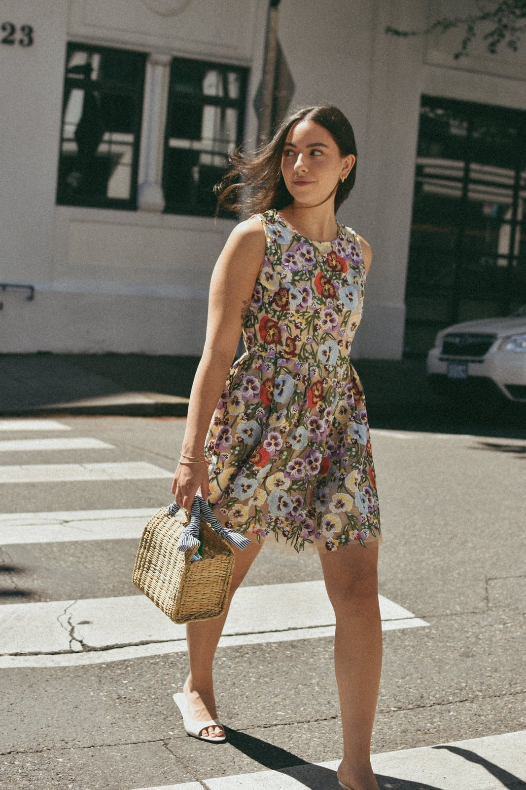 Floral Embroidered Fit and Flare Dress With White Mules Floral Embroidered Fit and Flare Dress With White Mules — Classy Photoshoot Dress