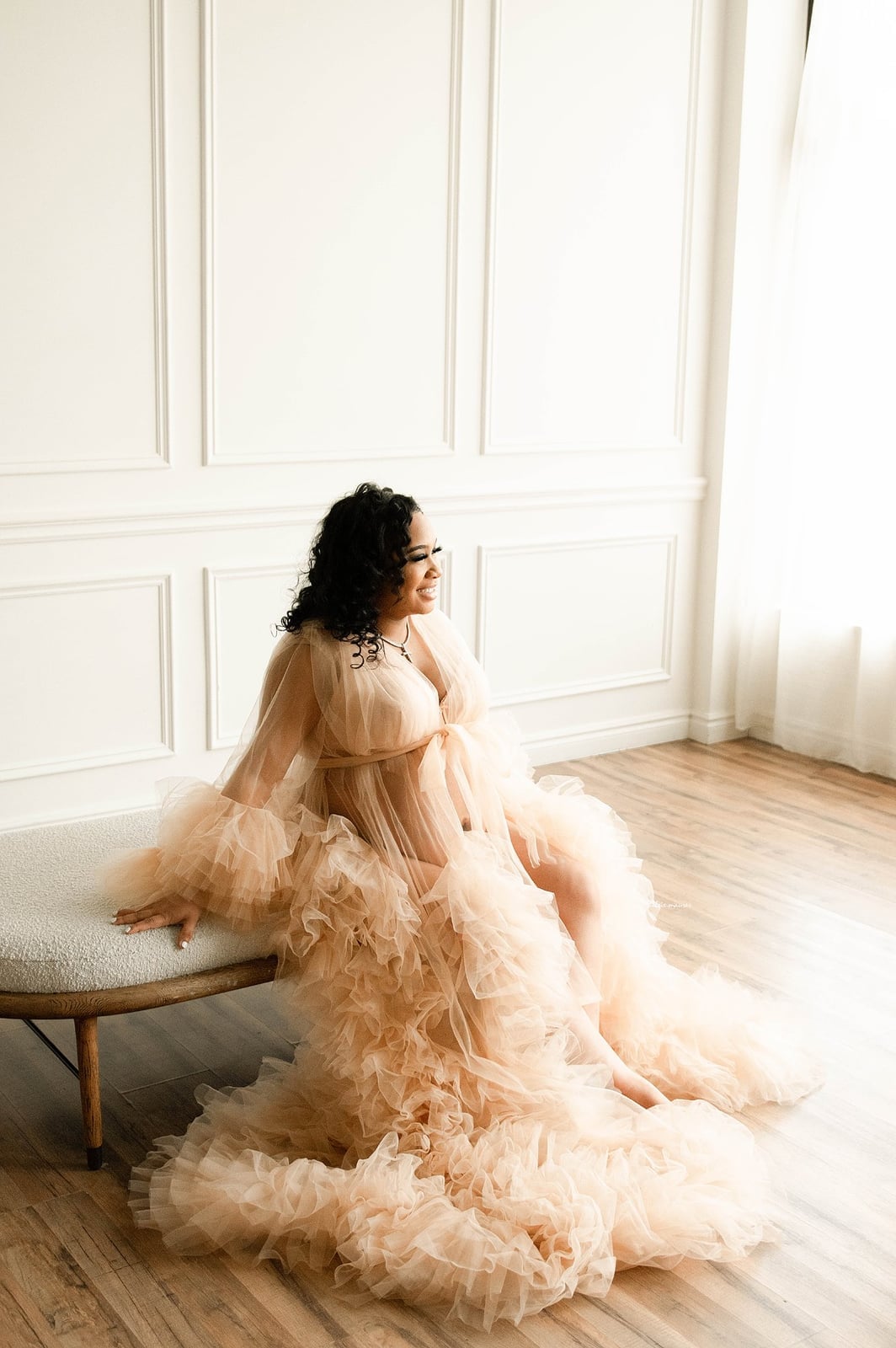 Pale Peach Sheer Ruffled Dress for Photoshoots Pale Peach Sheer Ruffled Dress for Photoshoots — Classy Photoshoot Dress