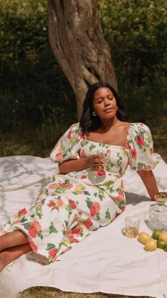 White Floral Midi Dress with Puff Sleeves for a Picnic White Floral Midi Dress with Puff Sleeves for a Picnic — Classy Picnic Outfit