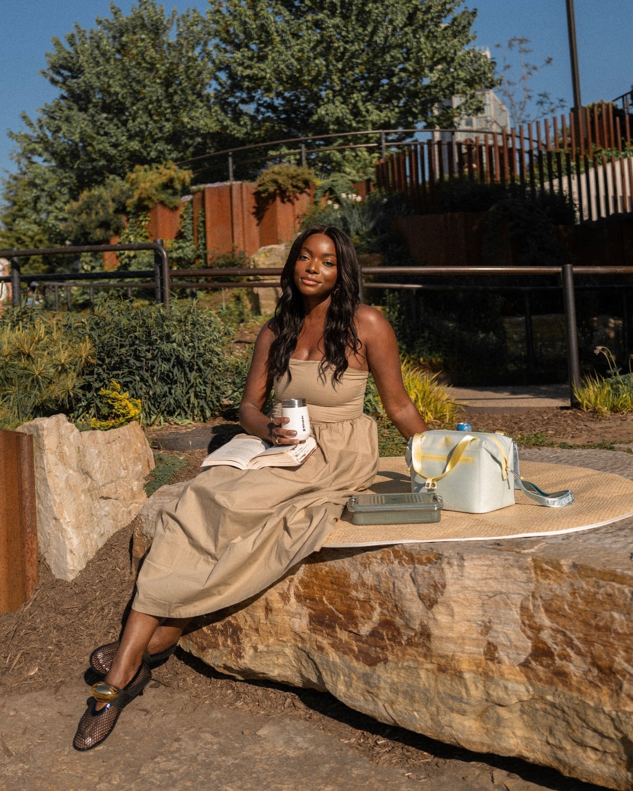 Beige Strapless Jumpsuit with Wide-Leg Silhouette and Black Mesh Flats Beige Strapless Jumpsuit with Wide-Leg Silhouette and Black Mesh Flats — Classy Picnic Outfit