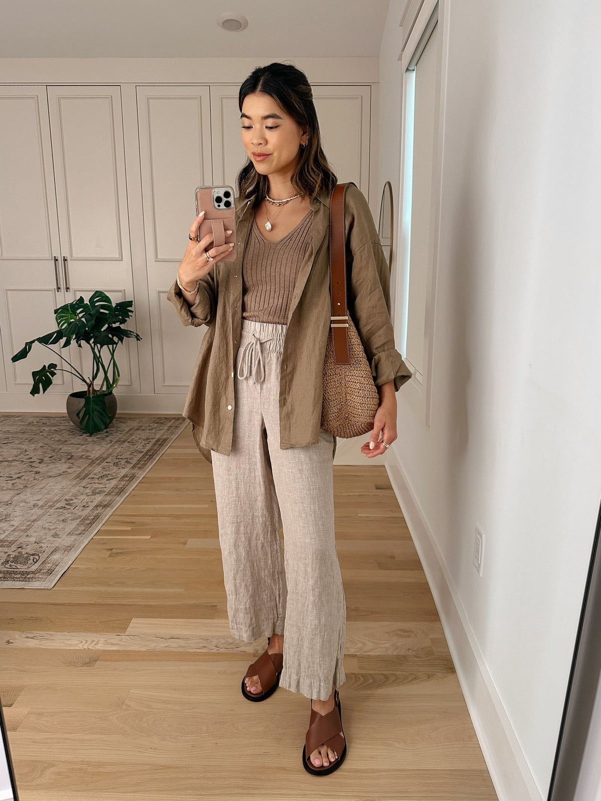 Olive Green Linen Shirt with Neutral Knit Tank and Trousers Olive Green Linen Shirt with Neutral Knit Tank and Trousers — Classy Picnic Outfit