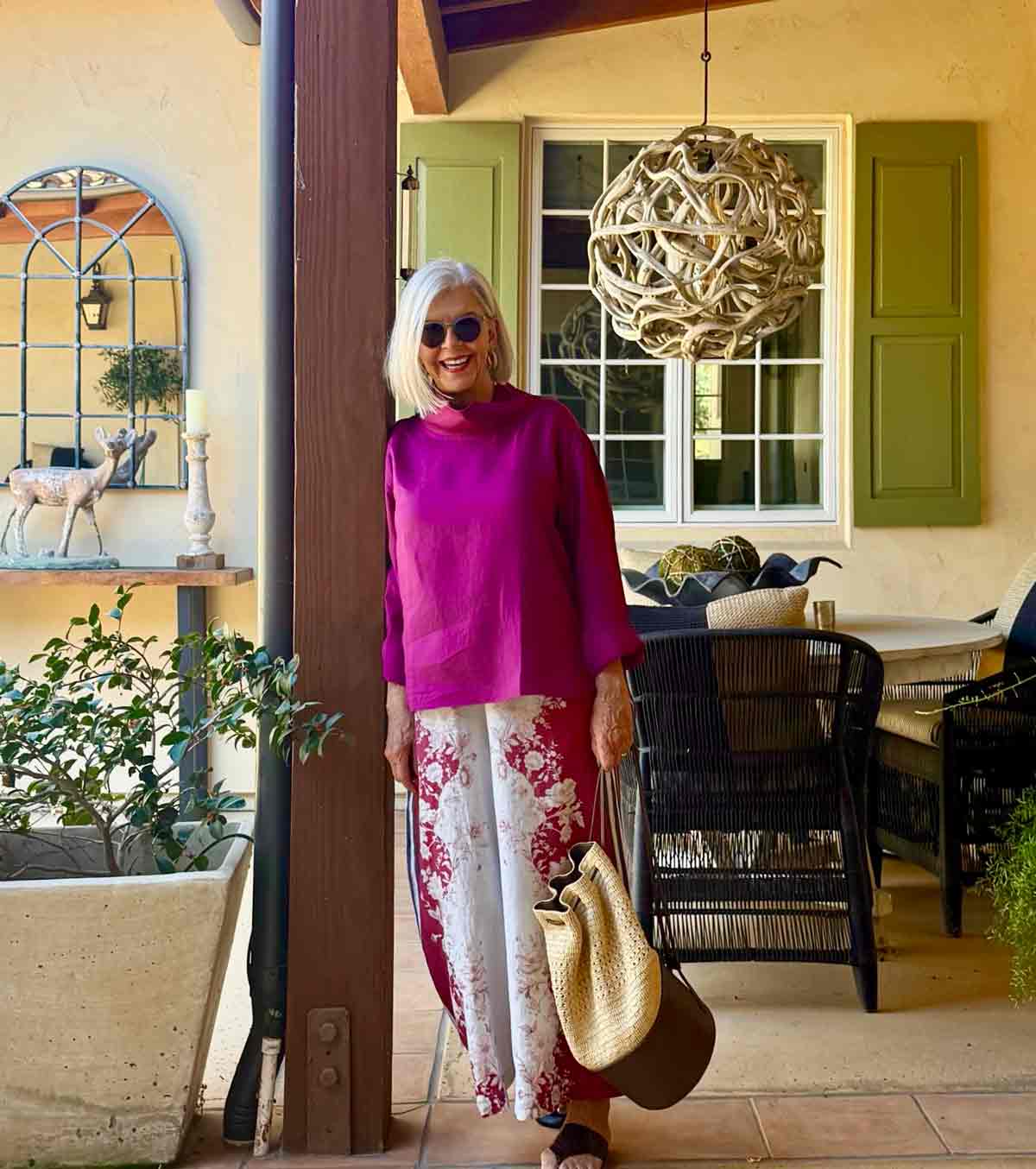 Magenta Long-Sleeve Top with Red Floral Print Wide-Leg Trousers Magenta Long-Sleeve Top with Red Floral Print Wide-Leg Trousers — Classy Picnic Outfit