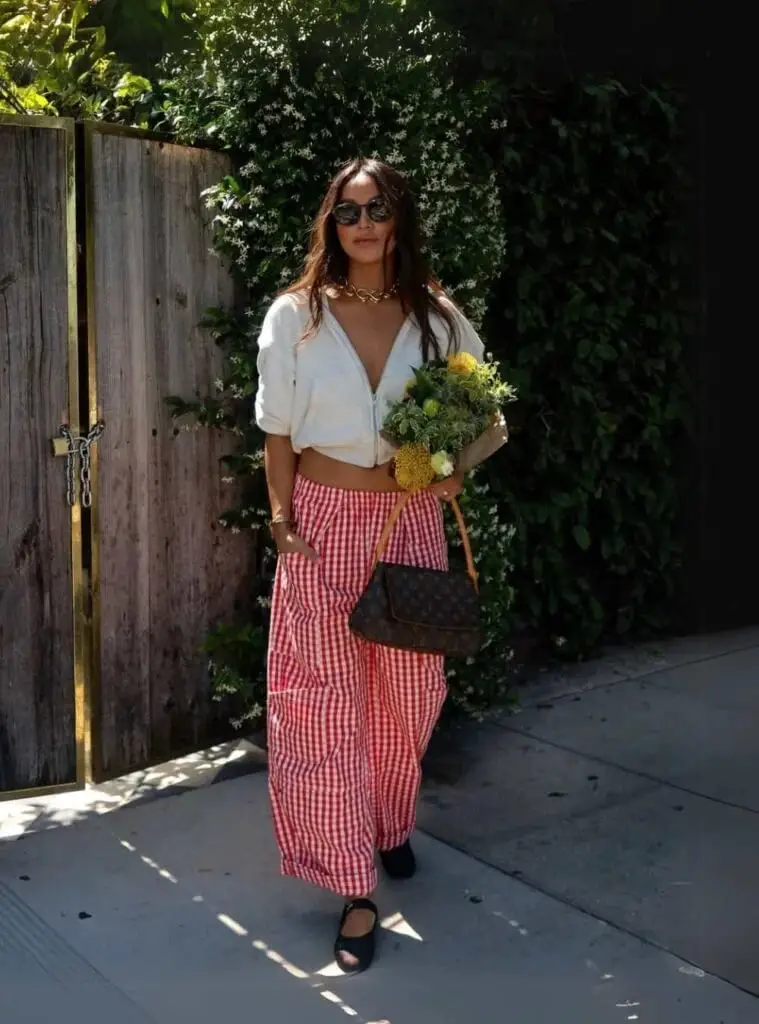 Red Gingham Wide-Leg Pants with White Zip-Up Hoodie Red Gingham Wide-Leg Pants with White Zip-Up Hoodie — Classy Picnic Outfit