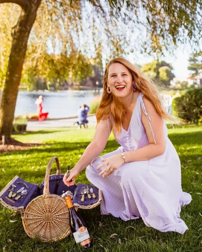 Light Purple Flowy Maxi Dress with Wicker Basket Light Purple Flowy Maxi Dress with Wicker Basket — Classy Picnic Outfit