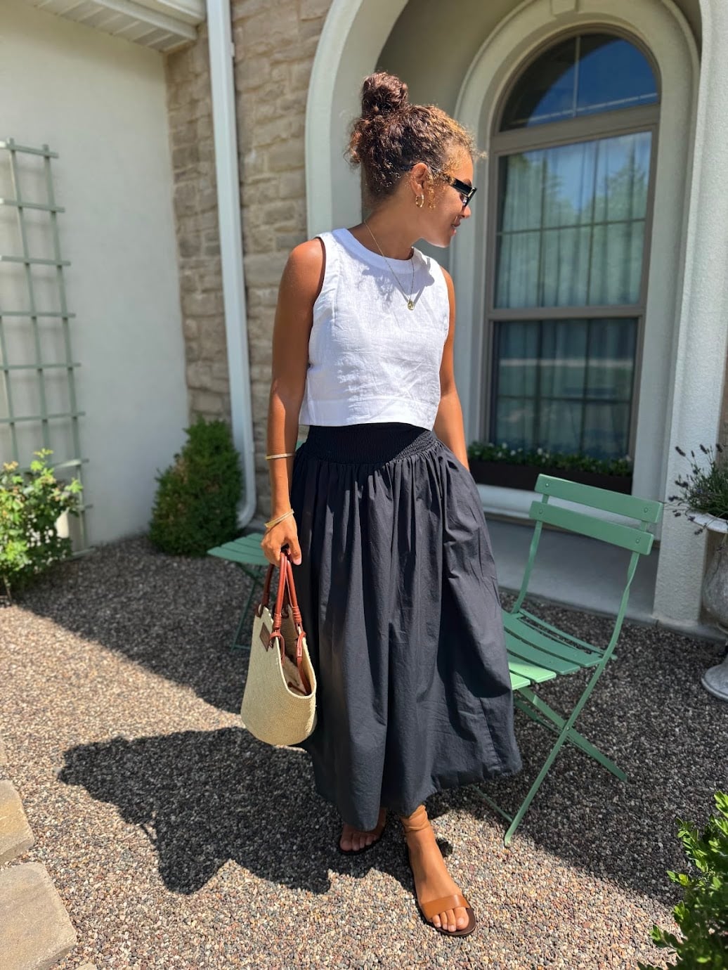 White Cropped Tank with Voluminous Black Midi Skirt White Cropped Tank with Voluminous Black Midi Skirt — Classy Picnic Outfit