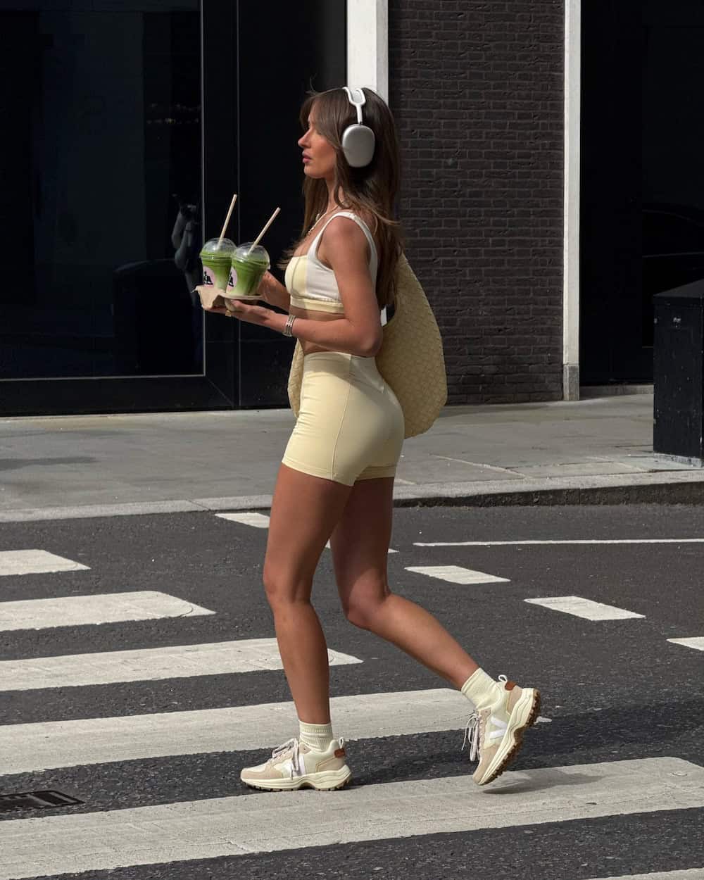 Pale Yellow Matching Set With Woven Bag — Classy Pilates Outfits