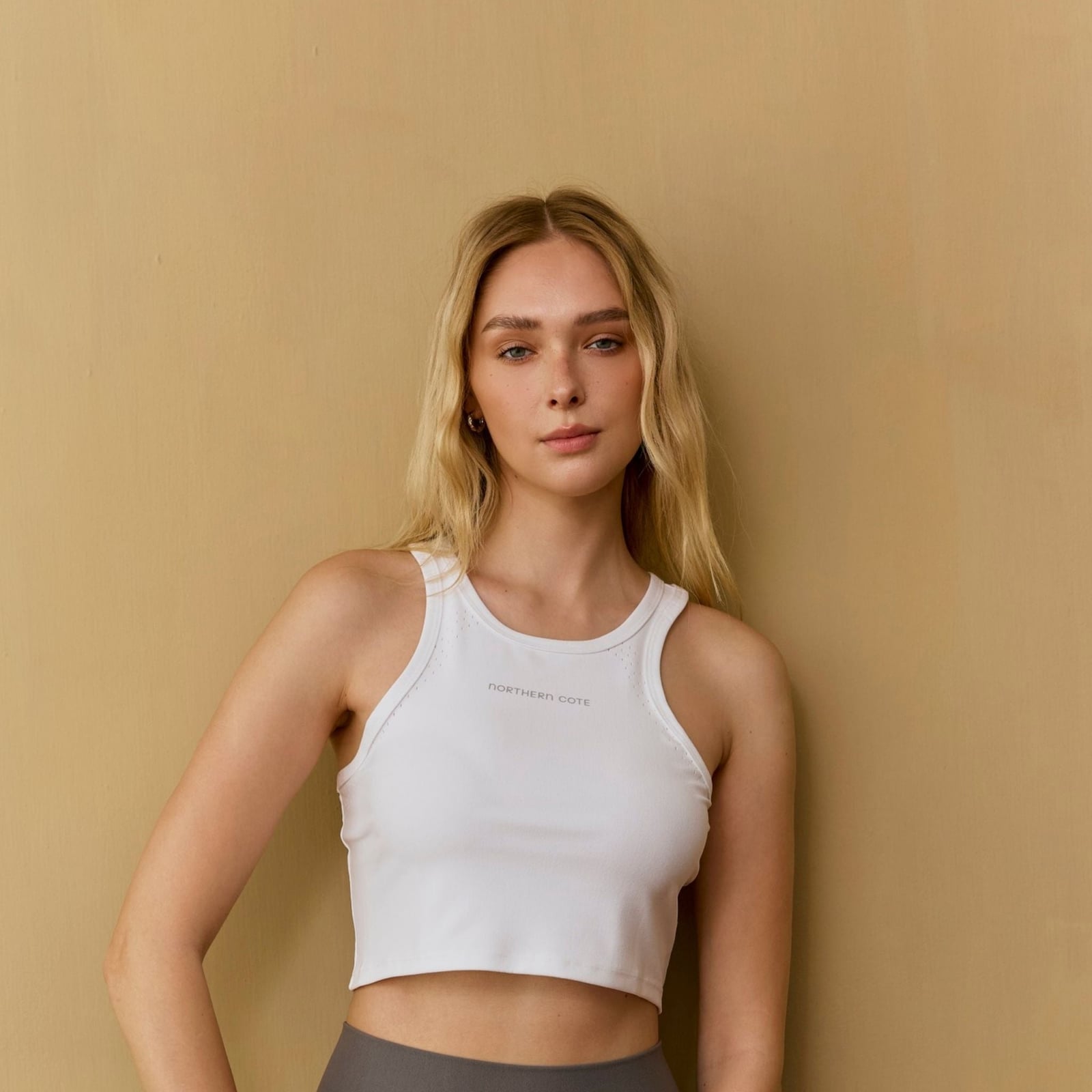 White Ribbed Cropped Tank With Gray Leggings — Classy Pilates Outfits
