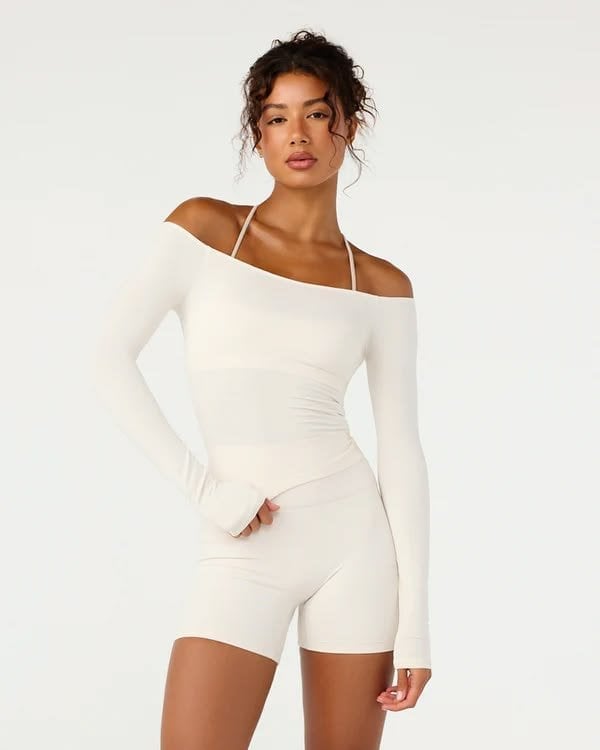 Cream Off-The-Shoulder Top With High-Waisted Shorts — Classy Pilates Outfits