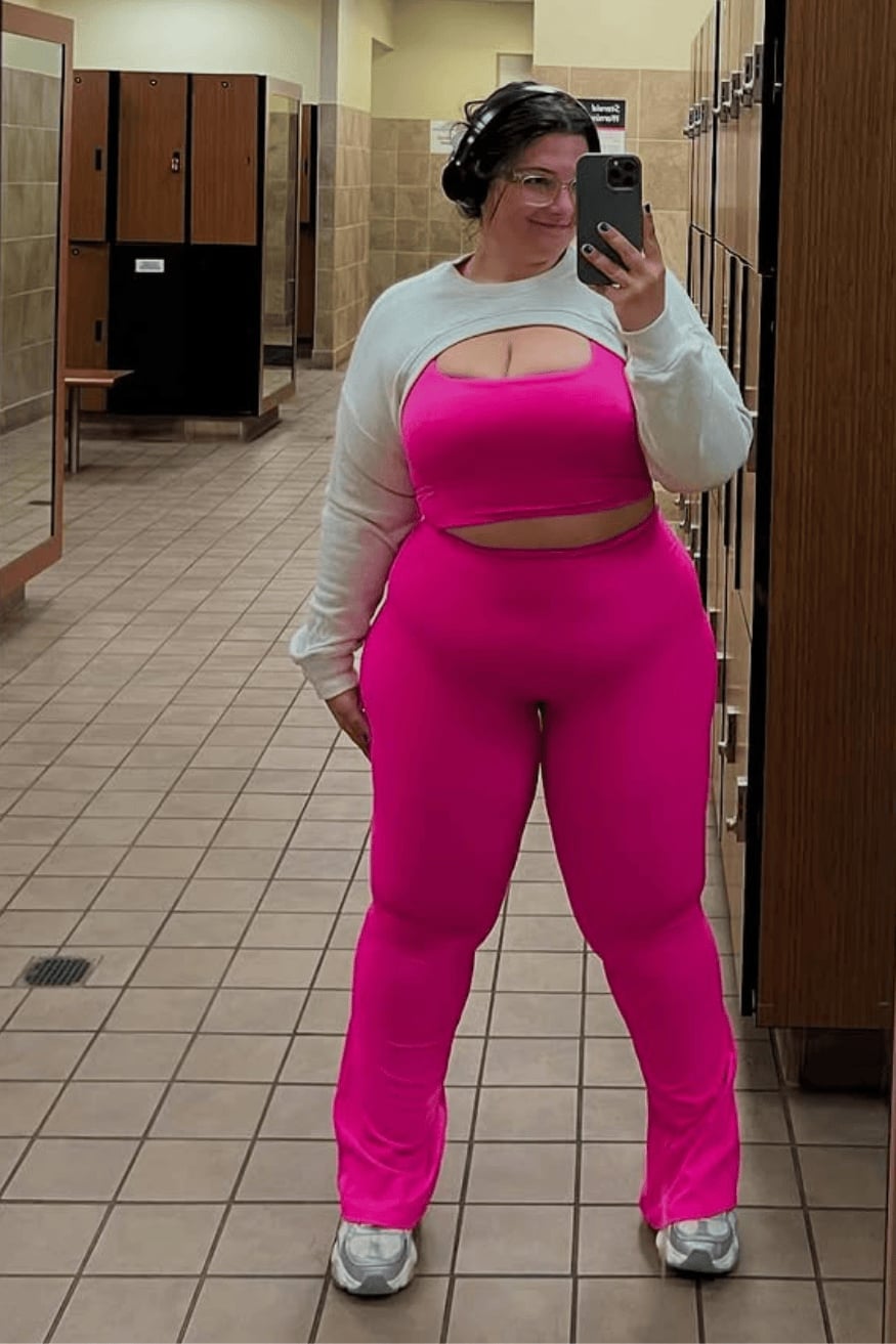 Hot Pink Cut-Out Set With White Sweatshirt — Classy Pilates Outfits