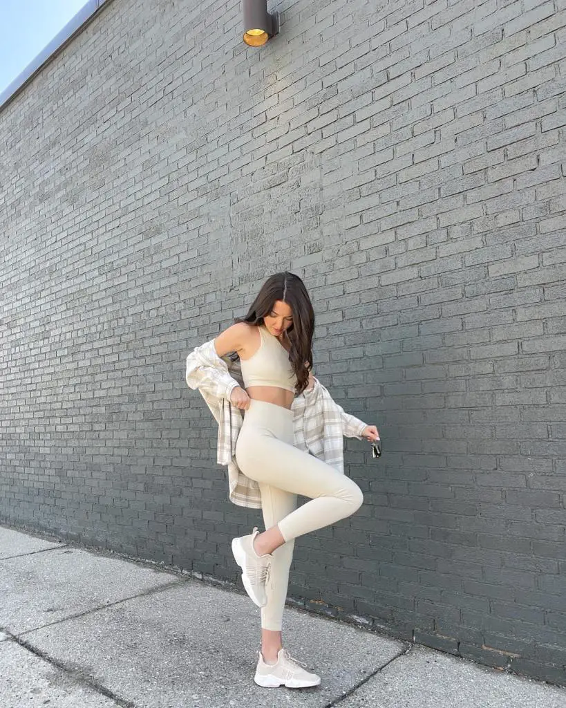 Beige Ribbed Knit Set With Plaid Shirt Layer — Classy Pilates Outfits
