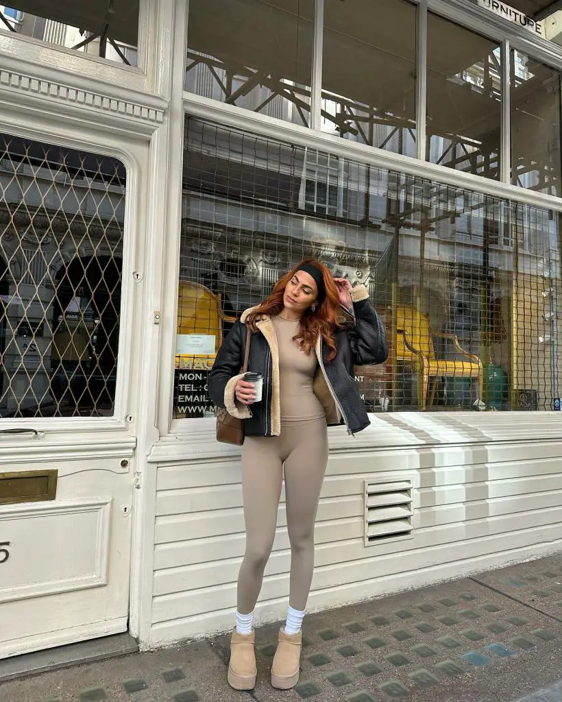 Beige Ribbed Bodysuit With Aviator Jacket Layer — Classy Pilates Outfits