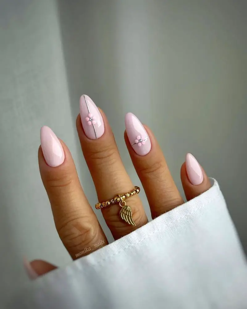 Opaque Pink Almond Nails With Floral Accents — Classy Pink Almond Nails