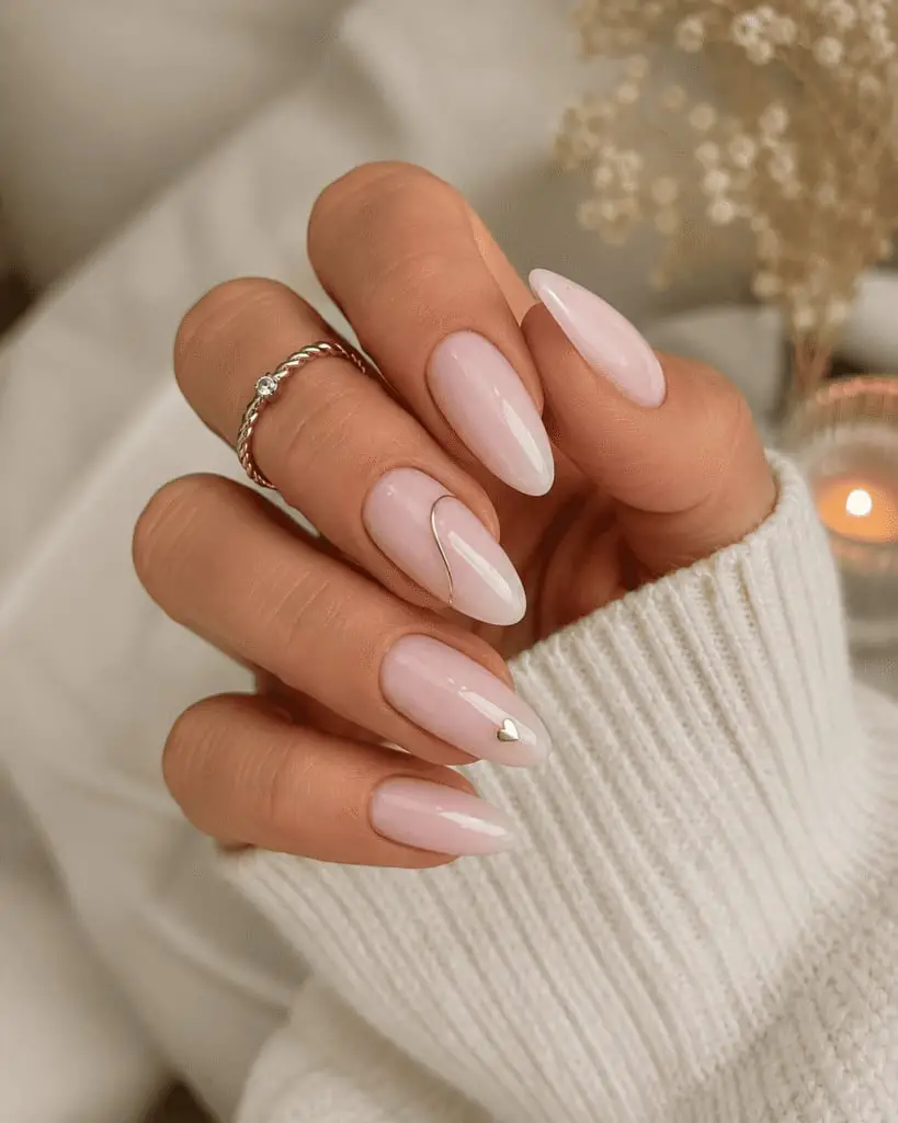 Sheer Pale Pink Almond Nails With Gold Accents — Classy Pink Almond Nails